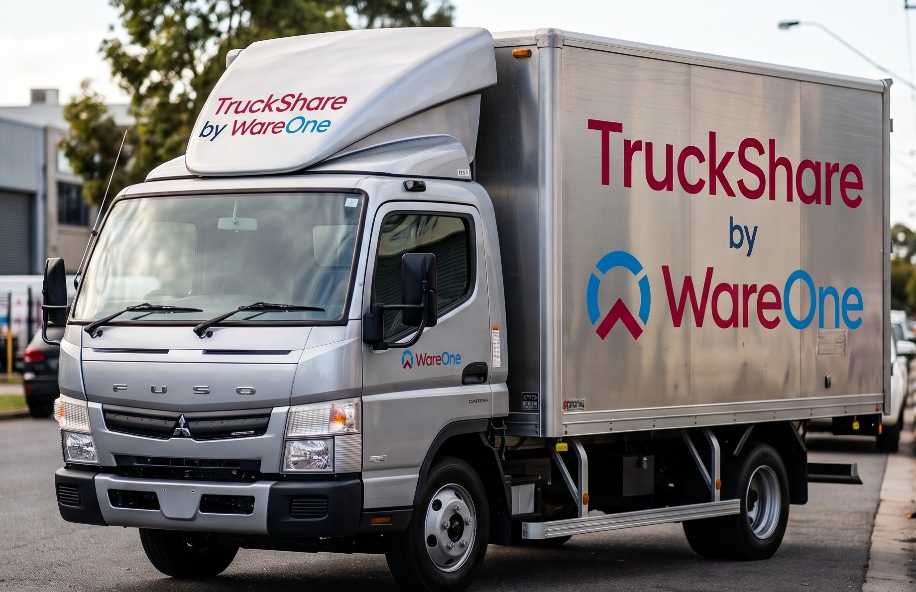 TruckShare by WareOne branded Mitsubishi Fuso box truck parked on a street